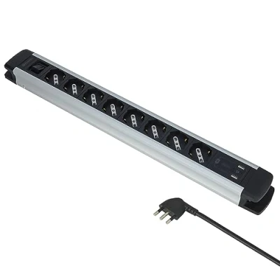 Abbildung von Electraline 61922 Alu Line Mehrfachsteckdose, 8 Mehrzweckstecker, Schuko +10/16 A + 3 USB (2 3.0 1 C 20 W Power Delivery) mit beleuchtetem EIN /Ausschalter, 2 m, Aluminiumgehäuse