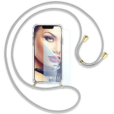 Abbildung von mtb more energy® Handykette + Schutzglas kompatibel mit iPhone 13 Pro (6.1&#039;&#039;) Silber Grau Smartphone Hülle zum Umhängen Anti Shock Full TPU Case
