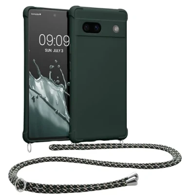 Abbildung von kwmobile Necklace Case kompatibel mit Google Pixel 7a Hülle Cover Kordel zum Umhängen Silikon Schutzhülle Moosgrün