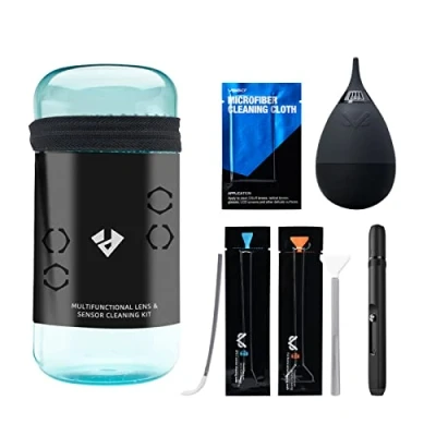 Abbildung von VSGO VS A7E Kamera Reinigungsset, tragbare Flasche, Becher, Luftgebläse, Objektiv Reinigungsstift, Wattestäbchen, Reinigungstuch, kompatibel mit Canon, Nikon, Pentax, Sony, Fuji DSLR