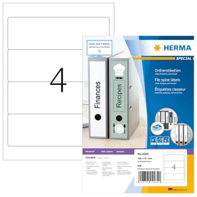 Abbildung von HERMA 4284 Ordnerrücken Etiketten kurz breit, 1400 Blatt, 192 x 61 mm, 4 pro A4 Bogen, 5600 Stück, selbstklebend, bedruckbar, blickdicht, blanko Papier Ordneretiketten Rückenschilder Aufkleber, weiß
