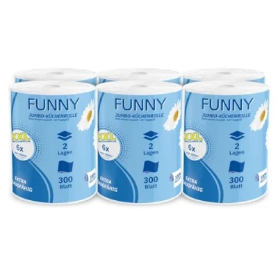 Abbildung von Funny Jumbo Küchenrolle XXL 2 lagig, 100% saugstarker Zellstoff, 300 Blatt/Rolle Vorteilspack mit 6 Rollen Tragegriff, 22,4 x 21 cm Ideal für Küche, Bad &amp; Haushalt!