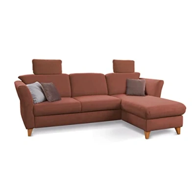 Abbildung von CAVADORE Schlafsofa Trend / Skandinavisches Ecksofa mit Federkern, Bettfunktion, Bettkasten im Longchair und 2 Kopfstützen 249 x 86 162 Cord, Kupfer