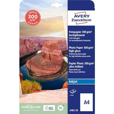 Abbildung von AVERY Zweckform 2482 20 Premium Inkjet Fotopapier (20 Blatt, 300 g/m², DIN A4 Papier, einseitig beschichtet, hochglänzend, FSC, für Fotodrucke in High Definition, Tintenstrahldrucker, sofort trocken)