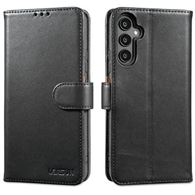 Abbildung von LENSUN Echtleder Hülle für Samsung Galaxy A34, Handyhülle [Echtes Leder][Magnetverschluss][RFID] Handytasche Lederhülle Flip Cover A34 5G Schwarz