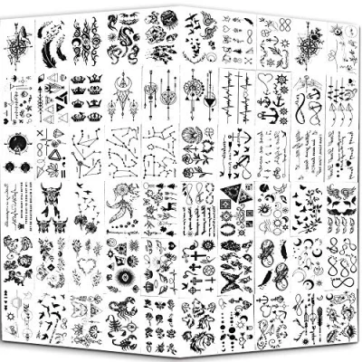 Abbildung von Yazhiji Tiny Waterproof Temporäre Tattoos 60 Blätter, Mondsterne Konstellationen Musikkompass Anker Worte Linien Blumen für Kinder Erwachsene Männer und Frauen