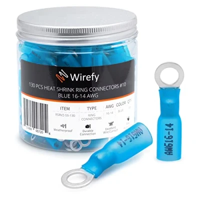 Abbildung von Wirefy Blaue Ringkabelschuhe Schrumpfverbinder M5 Lötfreie Kabelschuhe Sortiment Ringkabelschuh Quetschverbinder 1,5 2,5 mm² 130 Stück