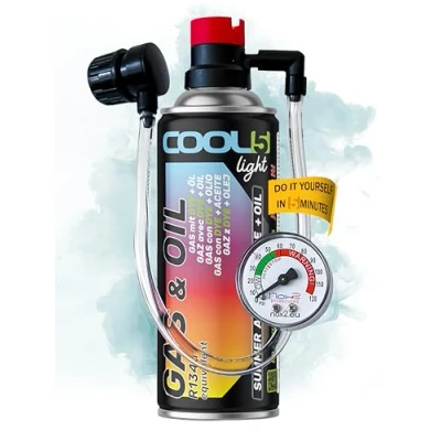 Abbildung von COOL5 r134a kältemittel, kältemittel nachfüllset, klimagas r134a, 2in1 HOBBY mit integriertem Druckschlauch Manometer