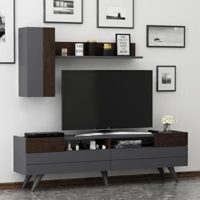 Abbildung von Homidea Moon Wohnwand Wohnzimmer TV Set Schrank Lowboard Fernsehtisch Möbel mit 2 Türen in modernem Design (Anthrazit/Nussbaum)