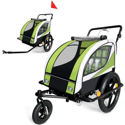Abbildung von SAMAX Fahrradkinderanhänger 360 drehbarer Fahrradanhänger 2in1 Jogger in Grün Black Frame