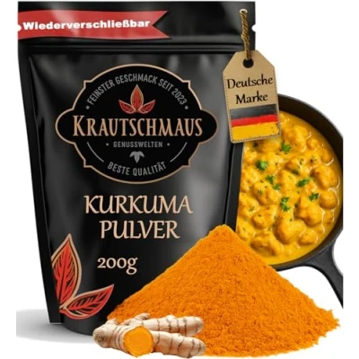 Abbildung von 200g Kurkuma Pulver von Krautschmaus, Kurkumapulver gemahlen, Curcuma Gewürz, fein gemahlene Kurkumawurzel, Curcumapulver ohne Zusatzstoffe