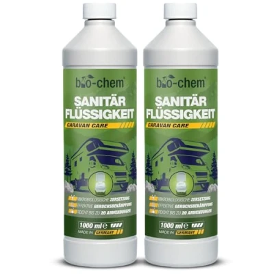 Abbildung von bio chem Sanitärflüssigkeit für Campingtoilette 2x 1 L inkl. Dosierbecher Mikrobiologischer Toilettenzusatz hochkonzentriert Wirkt gegen Fäkalien, Papier &amp; Gerüche im Fäkalientank Made in DE