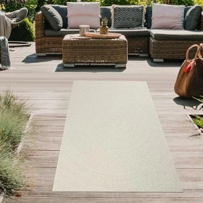 Abbildung von Teppich Traum Outdoorteppich Läufer klein Kleiner Balkon Terrasse Wintergarten wetterfest Indoor Jute Look Linienmuster in Kreisform Creme, 80 x 150 cm