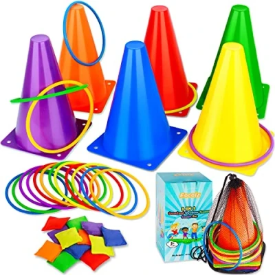 Abbildung von Eocolz 3 in 1 Karnevals Spiele Set, weiche Kunststoffkegel, Sitzsäcke, Ringwurfspiele für Kindergeburtstag, Party, Outdoor Spiele, Zubehör, 32 teiliges Kombi Set