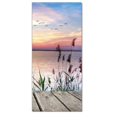 Abbildung von Wallario Selbstklebende Türtapete Seepanorama mit Schilf und fliegenden Vögeln Türposter 93 x 205 cm Abwischbar, rückstandsfrei zu entfernen
