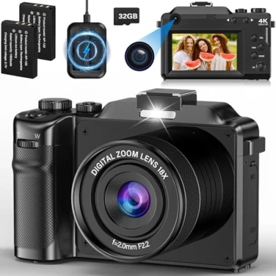 Abbildung von 4K Digitalkamera, 64MP 18X Digital Zoom Fotokamera, Autofokus WiFi Vlogging Fotoapparat mit Selfie, Kompaktkamera 32GB Karte Leser Ladestation 2 Batterien für Teens Anfänger Erwachsene