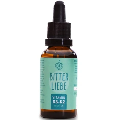 Abbildung von BitterLiebe Vitamin D3 K2 Tropfen hochdosiert und vegan hoch bioverfügbare für starke Knoche Immunsystem, fördert Herz Kreislauf System Muskelgesundheit 1x 30 ml
