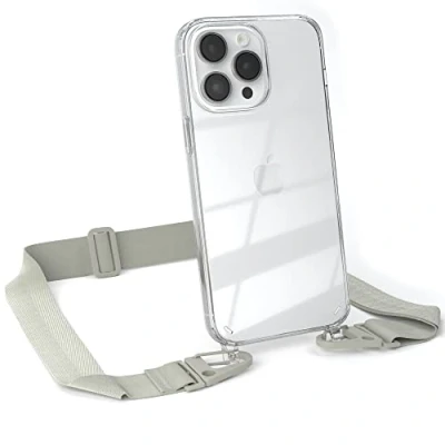 Abbildung von EAZY CASE Hülle mit Band kompatibel iPhone 14 Pro Max Handyhülle Umhängeband für Silikonhülle Transparent Schutzhülle Handykette zum Umhängen Handykordel in Taupe Grau