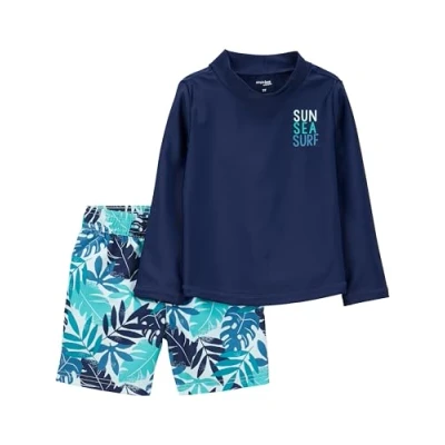 Abbildung von Simple Joys by Carter&#039;s Baby Jungen Swimsuit Trunk and Rashguard Rash Guard Set, Marineblau Weiß Tropisch, 3 6 Monate