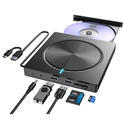 Abbildung von Externes CD DVD Laufwerk USB 3.0 Typ C, Extern mit SD/TF Kartenleser und 2 A Anschluss, Portable RW Brenner für Laptop, Desktop, MacBook, iMac, Win 11/10/8/7/XP/Linux/MacOS