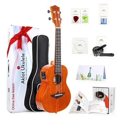 Abbildung von Aklot Elektrisch Konzert 23 Zoll Ukulele mit EQ Vorverstärker System Ukulelen Solid Top Mahagoni Body Elektro Akustik Professional Anfänger Uke Bundle Für Kinder Erwachsene