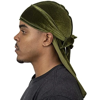 Abbildung von Veeta Superior Velvet Durag Weiche Samt Durags für Männer und Frauen, lange, doppelt breite Träger, seidiges Futter, dreifach genäht, Olivgrün, Einheitsgröße