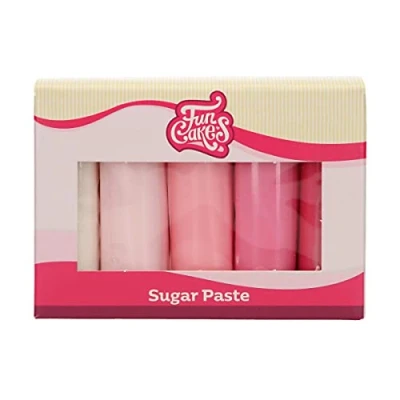 Abbildung von FunCakes Fondant Multipack Pink Einfach zu bedienen, glatt, flexibel, weich und biegsam, perfekt zum Dekorieren von Kuchen. Gluten frei. 5 Farben. x 100 g