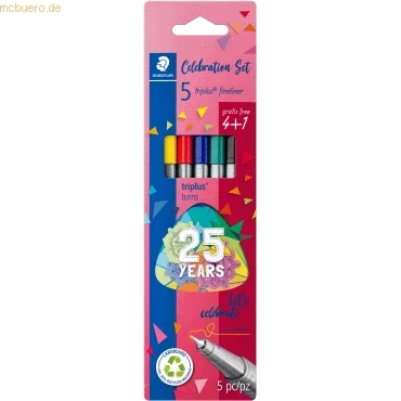 Abbildung von STAEDTLER Fineliner triplus celebration Set, ergonomischer Dreikantschaft, superfeine 0,3 mm Spitze, lange Lebensdauer, Jubiläums Promotion: 4 + 1 in sortierten Farben, 334 BK5 TA