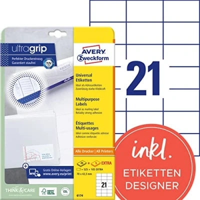 Abbildung von AVERY Zweckform 6174 Adressaufkleber (525 plus 105 Klebeetiketten extra, 70x42,3mm auf A4, Papier matt, bedruckbare Absenderetiketten, selbstklebende Adressetiketten mit ultragrip) 30 Blatt, weiß