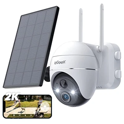 Abbildung von ieGeek (2022 Upgrade) 2K Überwachungskamera Aussen Akku, Solar mit 355/140 Pan Tilt, 20m Farbnachtsicht, PIR Bewegungsmelder, Sirene/Weißlichtalarm,4dbi Doppelantenne， IP65，Weiß