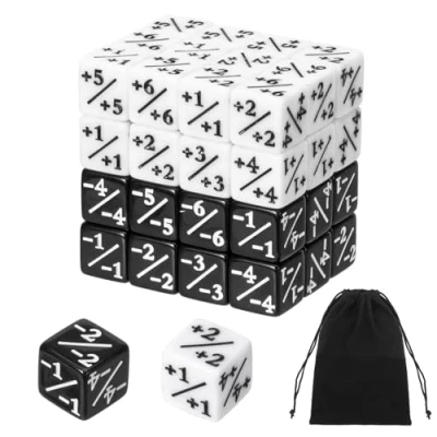 Abbildung von MumdoYAL 48 PCS Würfel Zähler（Weiß+Schwarz），Token Loyalität D6 Kompatibel mit MTG, CCG, Kartenspiel Zubehör, Aufbewahrungsbeuteln
