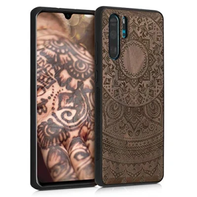 Abbildung von kwmobile Hülle kompatibel mit Huawei P30 Pro Holz Case Handy Cover TPU Handyhülle in Dunkelbraun Indische Sonne