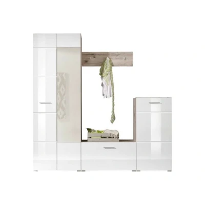 Abbildung von moebel dich auf Kompaktgarderobe SIENA (in Weiß Hochglanz/Sandeiche Optik, 4 teilige, Flurgarderobe mit Spiegel) 195x195x36 cm (B/H/T)