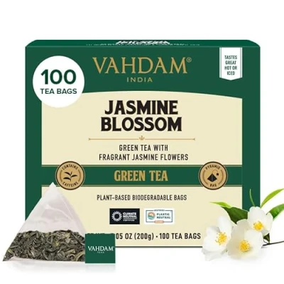 Abbildung von VAHDAM, Jasmintee Grüner Tee (100 Pyramide Teebeutel) mit Jasminblüten 100% natürliche Zutaten, Teebeutel