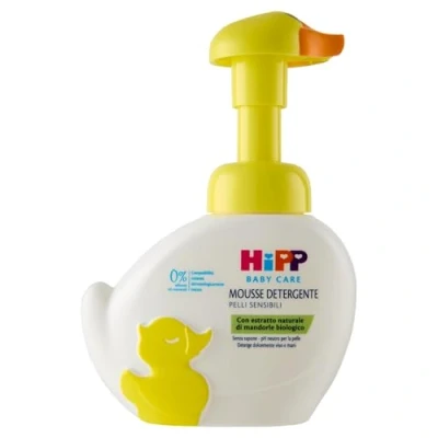 Abbildung von HiPP Baby Care Reinigungsmousse für Kinder in niedlicher Entenform, reinigt und befeuchtet Körper Hände empfindliche Haut, mit natürlichem Bio Mandel Extrakt, 1 x 250 ml Flasche
