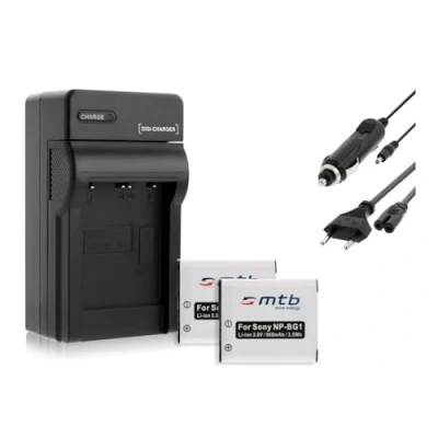 Abbildung von 2 Akkus + Ladegerät (KFZ, Netz) kompatibel mit Sony NP BG1 FG1 / Cyber Shot DSC H, HX, N, T, W, WX.. Siehe Liste
