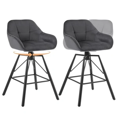 Abbildung von WOLTU Barhocker 2er Set, 360drehbar Barstuhl Bistrohocker mit Rückenlehne Tresenhocker Lehne Fußstütze 4 Beinen, drehbar, gepolstert, Samt Metall, Dunkelgrau, BH397dgr 2
