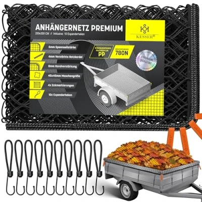 Abbildung von KESSER® Anhängernetz 2,5x3,5m feinmaschig Hängernetz mit Spannseil &amp; Netzkordel Containernetz für Ladungssicherung Sicherungs Netz Eckmarkierungen Expander Haken Befestigungsknöpfen Schwarz