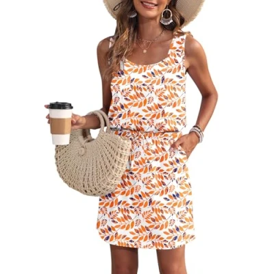 Abbildung von WNEEDU Sommerkleid Damen Ärmellose Strandkleid U Ausschnitt KordelzugKleid Luftiges Kleid Sommer mit Taschen Orangen Blatt L