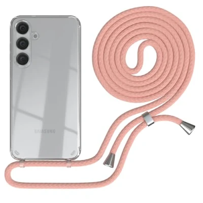 Abbildung von EAZY CASE Handykette kompatibel mit Samsung Galaxy S24 Plus Kette zum Umhängen für Hülle Band aus Silikon stoßfeste transparente Handyhülle Fallschutz in Alt Rosa Clips Silber