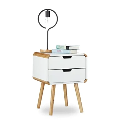 Abbildung von Relaxdays Nachttisch 2 Schubladen, Holz Nachtschrank, platzsparende Schlafzimmer Kommode, HxBxT: 55 x 40 cm, weiß, 1 Stück