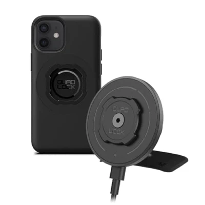 Abbildung von Quad Lock Klebehalterung fürs Armaturenbrett Handyhalterung Auto Kit mit MAG Wireless Charging Head (V2) und iPhone 12 Mini Hülle