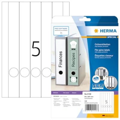 Abbildung von HERMA 5158 Ordnerrücken Etiketten lang schmal, 25 Blatt, 34 x 297 mm, 5 pro A4 Bogen, 125 Stück, selbstklebend, bedruckbar, blickdicht, blanko Papier Ordneretiketten Rückenschilder Aufkleber, weiß