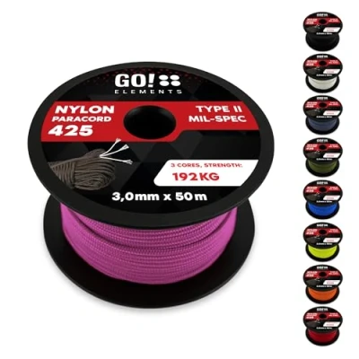 Abbildung von GO!elements 50m Paracord Seil aus reißfestem Nylon 3mm 425 Typ II max. 192kg Schnüre als Outdoor Seil, Allzweckseil, Survival Armband, Hundeleine, Nylonschnur, Farbe: Rosa