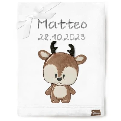 Abbildung von Be Mammy Personalisierte Babydecke mit 3D Applikation Warme Kuscheldecke Namen und Geburtsdatum; Perfektes Baby Geschenk; Blanket; Krabbeldecke BE20 280 (Weiß Hirsch)