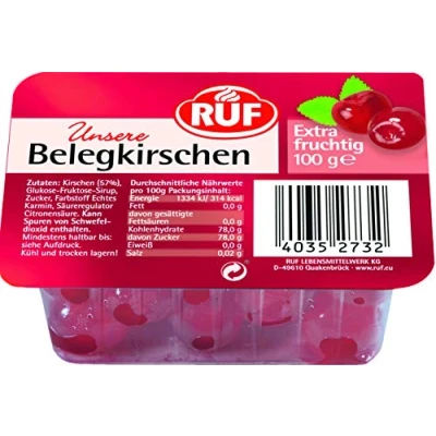 Abbildung von RUF Rote Beleg Kirschen, alkoholfreie Cocktail Kirschen extra fruchtig, entsteinte Maraschino für Torten, Cocktails &amp; Obstsalat, 1 x 100g