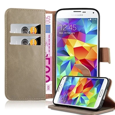 Abbildung von Cadorabo Hülle kompatibel mit Samsung Galaxy S5 / NEO aus Premium Kunst Leder Flip Klappbare Stoßfeste Magnetische [Standfunktion] [Kartenfächern] Cover für Tasche in Braun