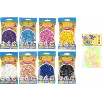 Abbildung von Hama Happy Price Toys Midi Bügelperlen (Kon 11) Konvulut 8 Farben (Weiß,Gelb,Lila,Blau,Azurblau,Pastell Pink,Hautfarbe,Schwarz) + 100 HPT Leuchtperlen in 6 (Glow the Dark)