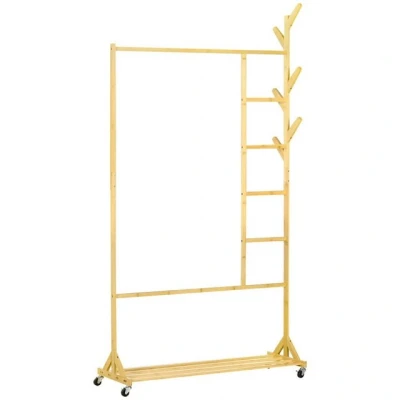 Abbildung von HOMCOM Kleiderständer Kleiderstange mit Rollen, Kleiderhaken, Hängeschiene, Regal, (Kleiderbügel, 1 St., Garderobenständer), aus Bambus, für Schlafzimmer, Natur