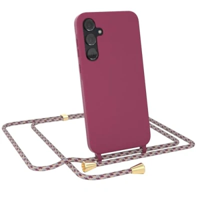 Abbildung von EAZY CASE Hülle mit Band kompatibel Samsung Galaxy A35 Handyhülle für Silikon Mikrofaser stoßfester Fallschutz Kette zum Umhängen Handykordel in Rot Camouflage Clips Gold